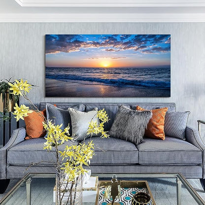 Wapluam Large Canvas Wall Art Sunset Beach Painting Picture Print on Canvas Framed Wall Art for Living Room Wall Decor for Bedroom Modern Coastal Landscape Room Decorations Artwork 60x30 Ready to Hang
