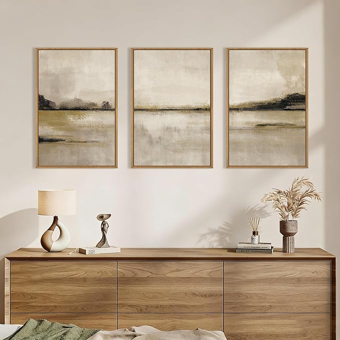 KAIRNE Neutral Abstrcat Landscape Framed Canvas Wall Art Set, Retro Mountain Lake Wall Decor, Vintage Tan Scenery Art Prints, Modern Nature Artwork for Living Room,Bedroom,Farmhouse,Office-24 x36 x3