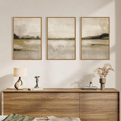 KAIRNE Neutral Abstrcat Landscape Framed Canvas Wall Art Set, Retro Mountain Lake Wall Decor, Vintage Tan Scenery Art Prints, Modern Nature Artwork for Living Room,Bedroom,Farmhouse,Office-16 x24 x3