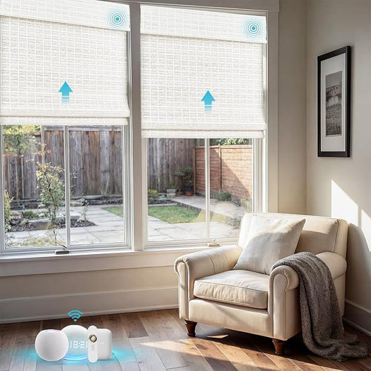 Motorized Bamboo Roman Shades, Motorized Blinds with Remote Compatible with Homekit, Alexa GoogleHome, Smart Wood Woven Shades for Indoor Windows, Customize, White Current