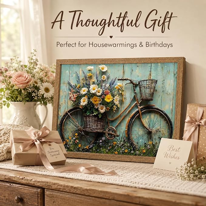 Framed Rustic Farmhouse Daisy Wall art Vintage Bicycle Flowers Painting Picture Wall Decor Flower Still Life Poster Print Artwork for Bathroom Living Room Bedroom Home Decoration