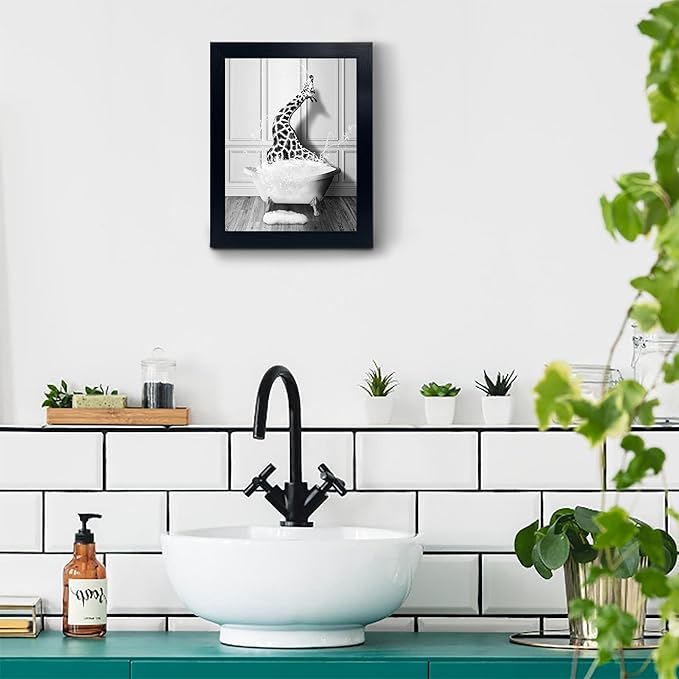 Funny Giraffe Poster - Funny Bathroom Wall Art Decor, Waterproof Black and White Quality Canvas Wall Art Pictures, Wood Framed Bathing Animals Abstract Prints for Bedroom Kids Room