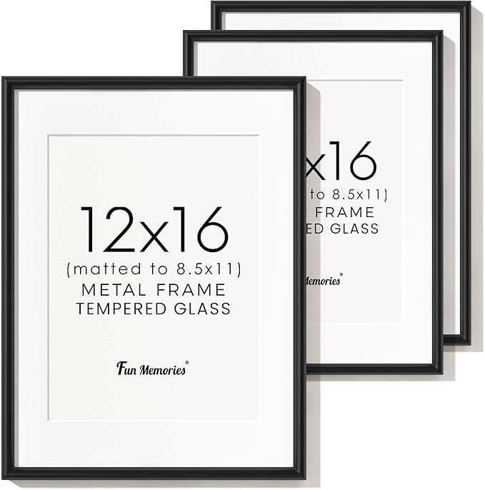 Fun Memories 12x16 Picture Frame Black, Aluminum Picture Frames 12"x16" Set of 3, 12x16 Picture Frame with Mat for 8.5x11, 12 by 16 Frame Real Glass, 12 x 16 Metal Frame for Home Decor