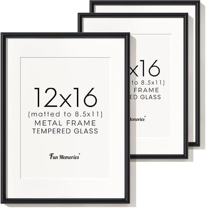 Fun Memories 12x16 Picture Frame Black, Aluminum Picture Frames 12"x16" Set of 3, 12x16 Picture Frame with Mat for 8.5x11, 12 by 16 Frame Real Glass, 12 x 16 Metal Frame for Home Decor