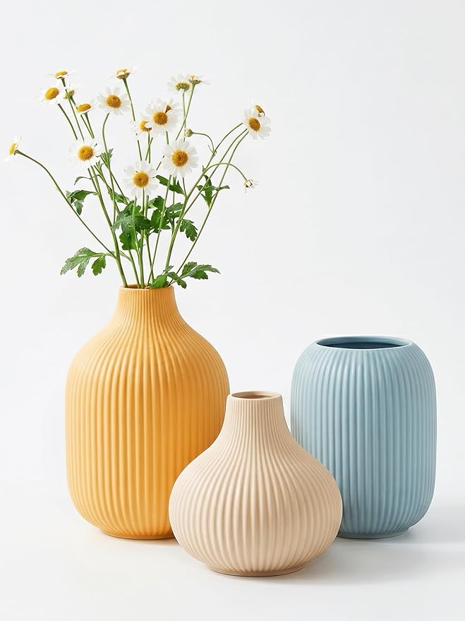 Colorful Small Ceramic Vases Set of 3, Matte Vertical Ribbed, Minimalist for Pampas Dried & Fresh Flowers, Centerpiece for Living Room,Shelf, Wedding (Light Blue, Mustard Yellow, Beige)