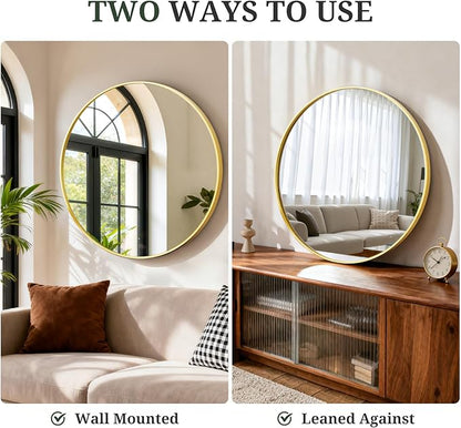 Round Wall Mirror 24 Inch Gold Vanity Mirror with Metal Frame, Modern Circle for Bathroom, Entryway, Bedroom, Living Room, Wall Mounted Decorative Mirrors