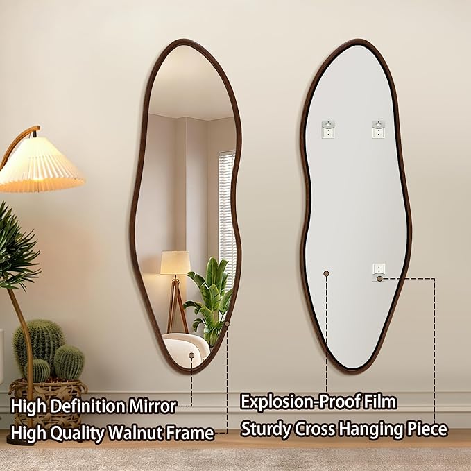 Irregular 65"x22" Wood Frame Full Length Mirror, Long Wall-Mounted Mirrors, Large Body Hanging Mirror for Living Room, Decorative Vanity Mirrors for Entryway, Bedroom,Horizontal/Vertical, Walnut