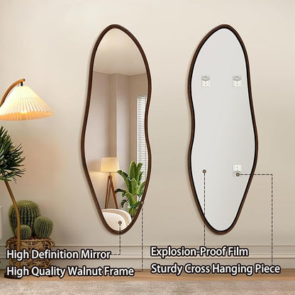 Irregular 65"x22" Wood Frame Full Length Mirror, Long Wall-Mounted Mirrors, Large Body Hanging Mirror for Living Room, Decorative Vanity Mirrors for Entryway, Bedroom,Horizontal/Vertical, Walnut