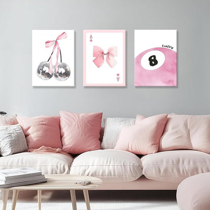 Framed Pink Canvas Wall Decor Set of 3, Pink Bow Wall Art Oil Painting, Girls Preppy Room Decor Picture, Trendy Disco Ball Print Poster for Teen Girl Apartment Bedroom Living Room Aesthetic 12x16 Inch