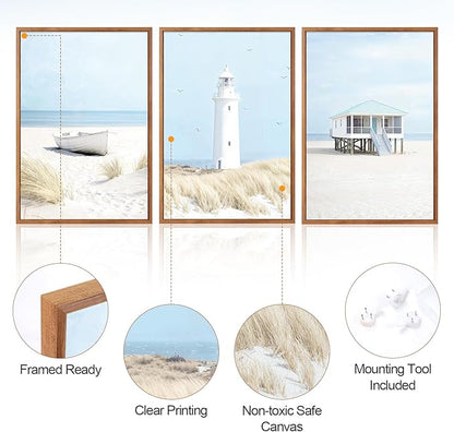 Aurlan Blue Coastal Beachy Seascape Framed Wall Art(16"x24"), 3PCS Neutral Modern Nautical Ocean Landscape Canvas Artwork, Large Minimalist Pampas Grass Sailboat Lighthouse Seagull Cabin Decor for Bedroom Living Room