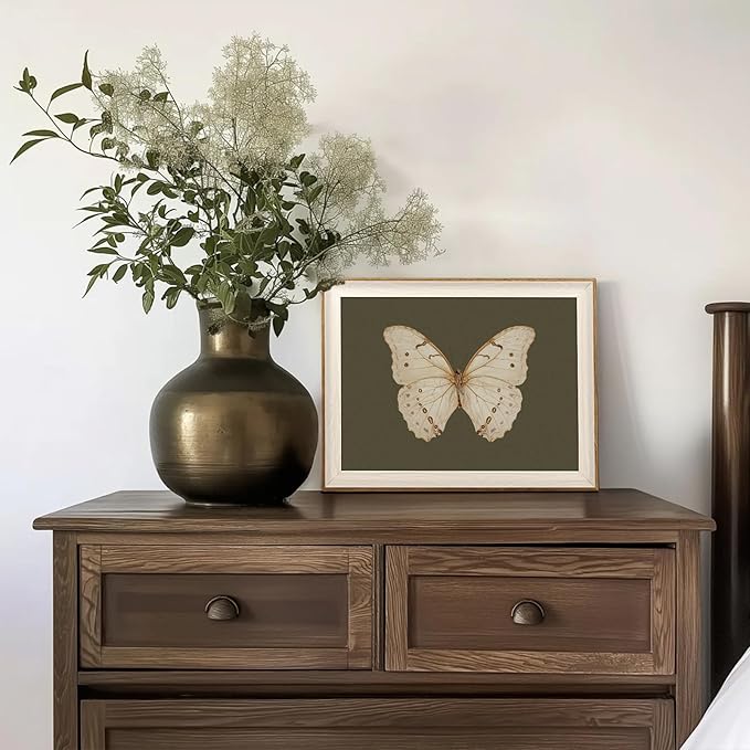 Uniro Vintage Framed Wall Art, Classical Butterfly Oil Paintings, Dark Moody Insect Canvas Prints Artwork with Antique Frame, Saige Green Wall Decor Pictures for Bedroom, Kitchen, Shelf, Bathroom Wall Decor, Cottagecore Room Decor - 12x16Inch
