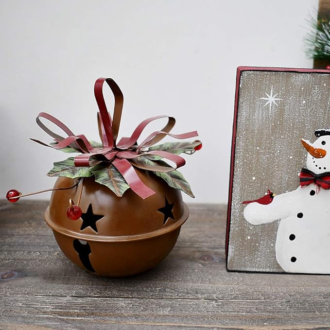 Large Christmas Jingle Bell Decoration, 4.5 X 5.5 Inch Rustic Red Jingle Bell Hanging Christmas Tree Bell Ornament Metal Star Cutout Xmas Holiday Decor, Party and Festival Decoration (Bell C)