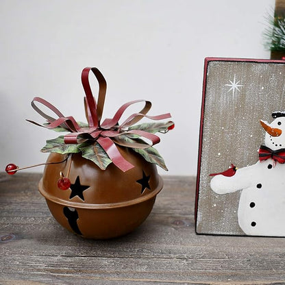 Large Christmas Jingle Bell Decoration, 4.5 X 5.5 Inch Rustic Red Jingle Bell Hanging Christmas Tree Bell Ornament Metal Star Cutout Xmas Holiday Decor, Party and Festival Decoration (Bell C)