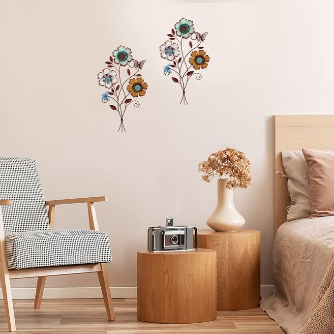 Moxweyeni Tricolor Flower Wall Decor Vintage Metal Wall Art Decor Rustic Hanging Flowers Decorative Metal Floral Art for Home Living Room Bathroom Indoor Outdoor, 15 x 9.1 Inch(2 Pieces)