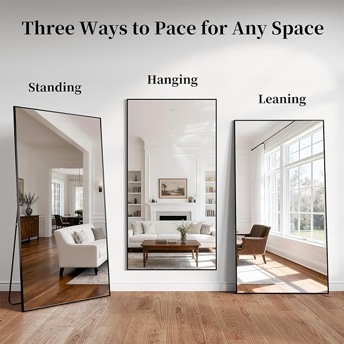 Full Length Mirror, 76"x34" Large Floor Mirror with Stand, Tall Full Body Mirrors for Bedroom, Hanging Mounted for Living Room Cloakroom, Aluminum Alloy Frame, Black