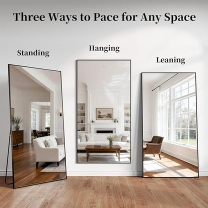 Full Length Mirror, 76"x34" Large Floor Mirror with Stand, Tall Full Body Mirrors for Bedroom, Hanging Mounted for Living Room Cloakroom, Aluminum Alloy Frame, Black