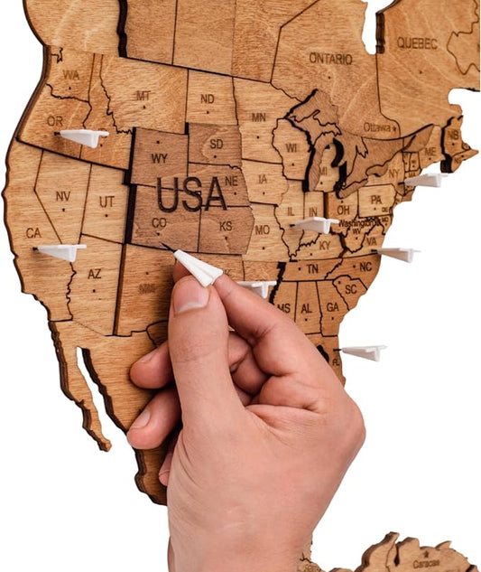Enjoy The Wood 3D Wooden World Map Wall Art - Large Travel Map with Pins for Art Decor - Decorative Map of the World for Home, Office - Travel Wall Art Housewarming Gift Idea (Planes, Pins)