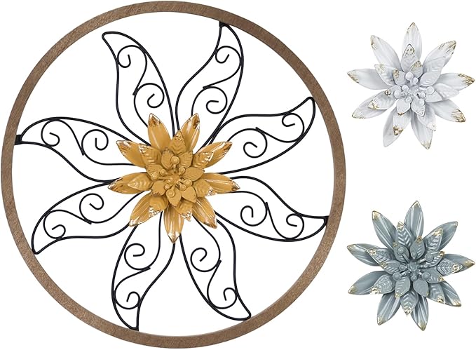 hogardeck Metal Flower Wall Decor - 11" Metal Wood Floral with 3 pcs Interchangeable Flowers Wall Decoration for Bedroom, Living Room, Bathroom, Kitchen, Outdoor Wall Art