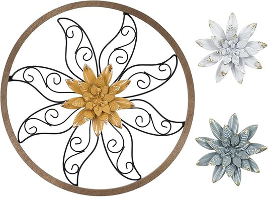 hogardeck Metal Flower Wall Decor - 11" Metal Wood Floral with 3 pcs Interchangeable Flowers Wall Decoration for Bedroom, Living Room, Bathroom, Kitchen, Outdoor Wall Art