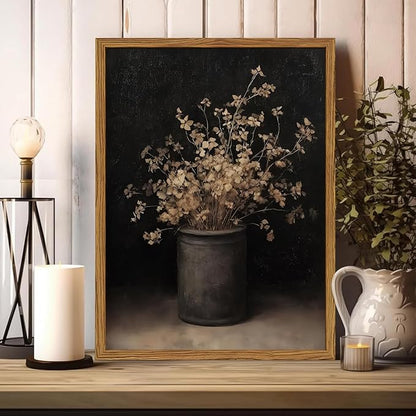 Framed Vintage Floral Wall Art, Rustic Dark Moody Flower Paintings Wall Decor, Retro Farmhouse Botanical Pictures Canvas Prints Neutral Aesthetic Home Decor for Living Room Bedroom 16x24inch
