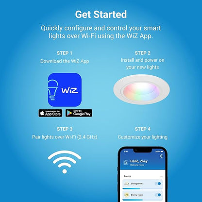 HALO 6 inch Smart Wi-Fi Recessed Canless LED Downlight 4-Pack, Connected by WiZ Pro with SpaceSense Motion Detection, Tunable White, 16M+ Colors WiZ App Control, Wet Rated, Dimmable - RLWZC612-4PK