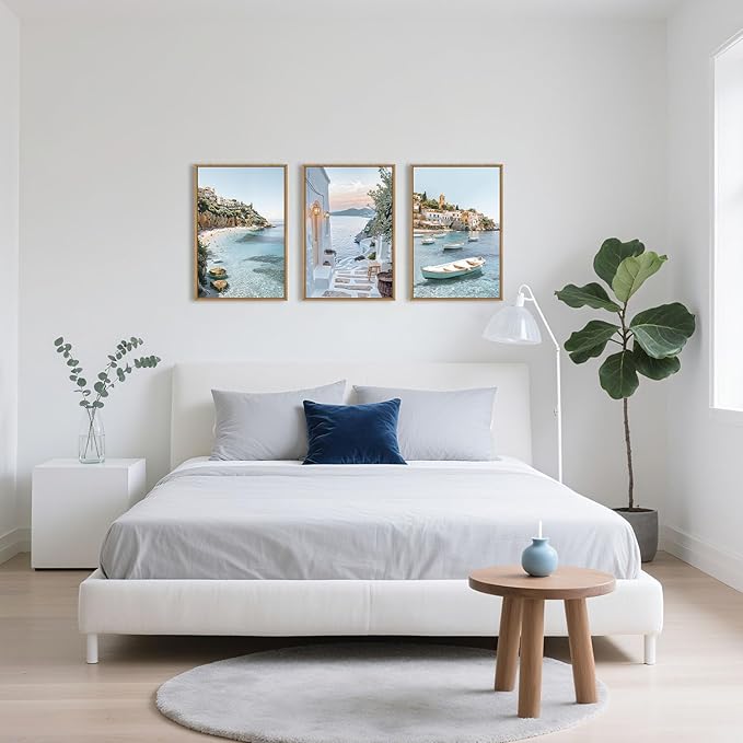 Greek Island Coastal Framed Canvas Wall Art Set,Modern Mediterranean Whitewashed Architecture Scenery Wall Decor,Natural Blue Beach Boat Landscape Artwork for Living Room,Farmhouse- 16"x24"x3