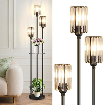 Crystal Floor Lamps for Living Room, Glass Modern Floor Lamp with Shelves, Mid Century Standing Lamps with Table, Brass Tall Lamp with Crystal Shade Vintage Retro Corner Floor Lamp (Black)