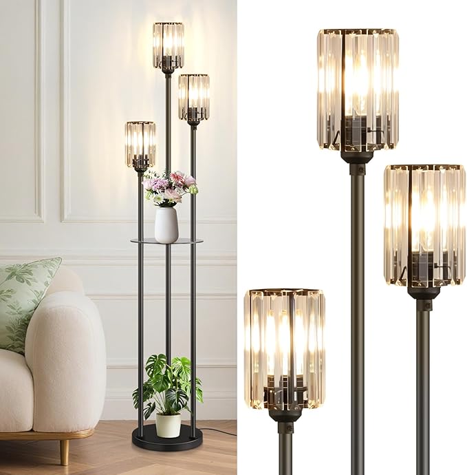 Crystal Floor Lamp for Living Room with Shelves, Industrial Modern Standing Black Lamp with Table for Bedroom, Glass Vintage Unique Tall 3-Lights Fancy Lamp with ON/Off Foot Switch