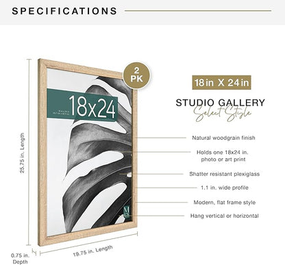 MCS Studio Gallery 18x24 Poster Frame Natural Woodgrain Engineered Wood, Vertical & Horizontal Wall Hanging Large Picture Frame for Photos, Posters & Art Prints (2-Pack)
