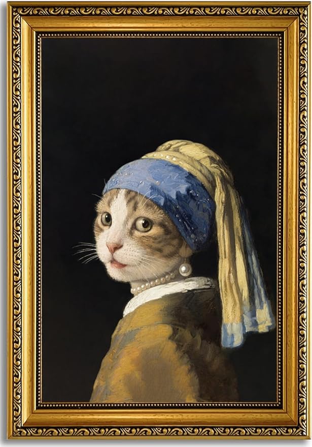 YD&YZY Gold Framed Funny Cat Wall Art Canvas Girl with a Pearl Earring Cat Wall Decor Unique Cute Animal Painting Picture Print Artwork for Bedroom Living Room Bathroom 16x24 inch Framed