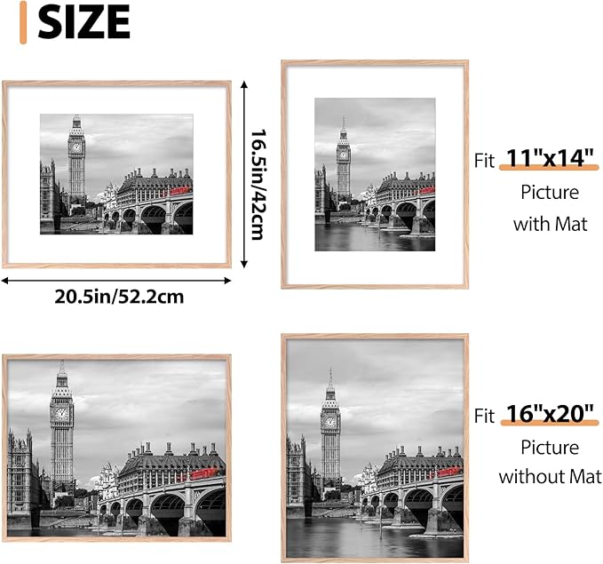 Fixwal 16x20 Poster Frame Set of 6 with Shatter Resistant Plastic Glass, Thin Border and Light Weight Photo Frames for Wall, Gift for Mother's Day, Father's Day, Natural