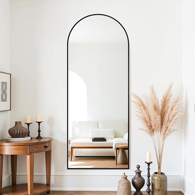 58"×18" Arched Full Length Floor Mirror, Standing Mirror with Aluminum Frame, Large Body Mirror of Free Standing/Wall Mount/Leaning for Bedroom, Living Room, Dressing Room, Black