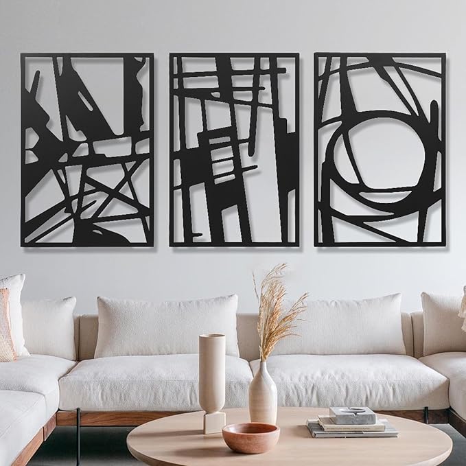 AMAATE 3 Piece Modern Abstract Black Metal Wall Art, Minimalist Geometric Line Art Wall Sculptures, Hollow Out Metal Hanging Decor for Living Room Bedroom Office Home Decor, 14.6" X 22.5" in