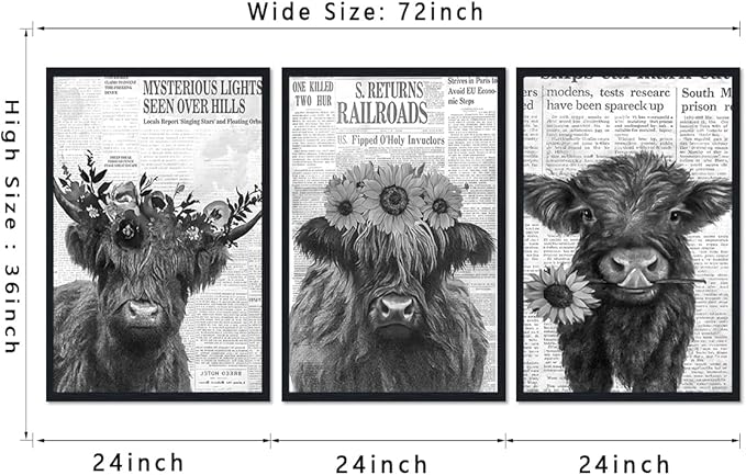 Vintage Scottish Cow Canvas Wall Art Retro Newspaper & Floral Highland Cow Poster Wall Decor Funny Farm Animal Cows Artwork for Apartment Bedroom Country Decoration 24x36inchx3pcs,Framed