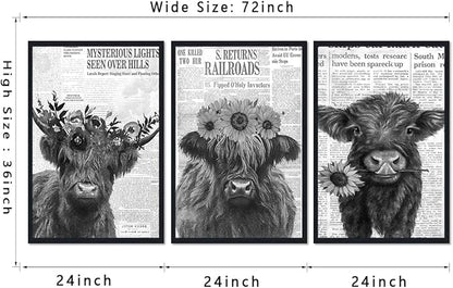 Vintage Scottish Cow Canvas Wall Art Retro Newspaper & Floral Highland Cow Poster Wall Decor Funny Farm Animal Cows Artwork for Apartment Bedroom Country Decoration 24x36inchx3pcs,Framed
