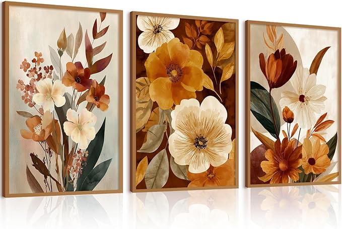 Boho Flower Wall Art Vintage Abstract Floral Prints Botanical Canvas Wall Decor Flower Farmhouse Pictures Fall Plant Poster Rustic Autumn Floral Artwork for Bedroom Living Room 12x16x3 Inch Unframed ﻿