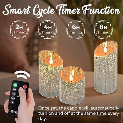 LEDHOLYT Rechargeable Flameless Candle, Flickering LED Pillar Glass Fake Candle with Remote and Timer, Built-in Battery Real Wax Electronic Candle for Room Decoration, Set of 3