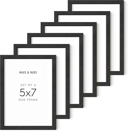 HAUS AND HUES 5x7 Black Oak Frame Set of 6 - Modern Wooden Photo Holders for Wall & Décor