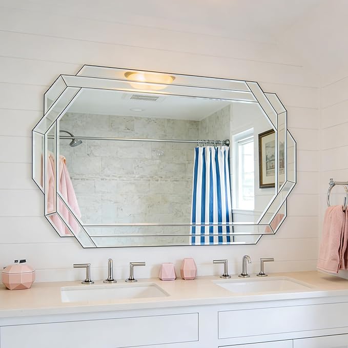 Chende 32" x 47" Large Bathroom Mirror for Wall, Decorative Wall Mirror with Beveled Glass Frame, Horizontal/Vertical Mirror for Living Room, Dining Room, Bedroom Decor