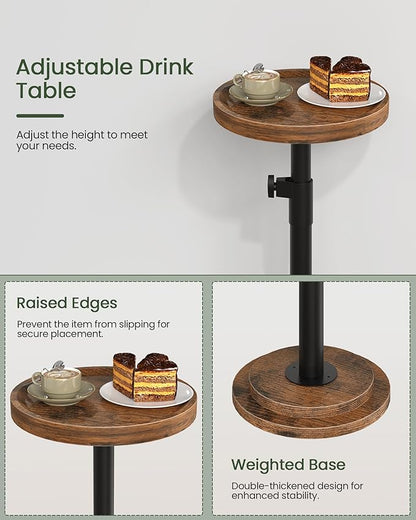 CHOEZON Height Adjustable Drink Table, Small Round Side Table, Pedestal Martini Table with Thickened Base, for Small Space, Sofa, Couch, Living Room, Bedroom, Rustic Brown and Black TBZ31BF