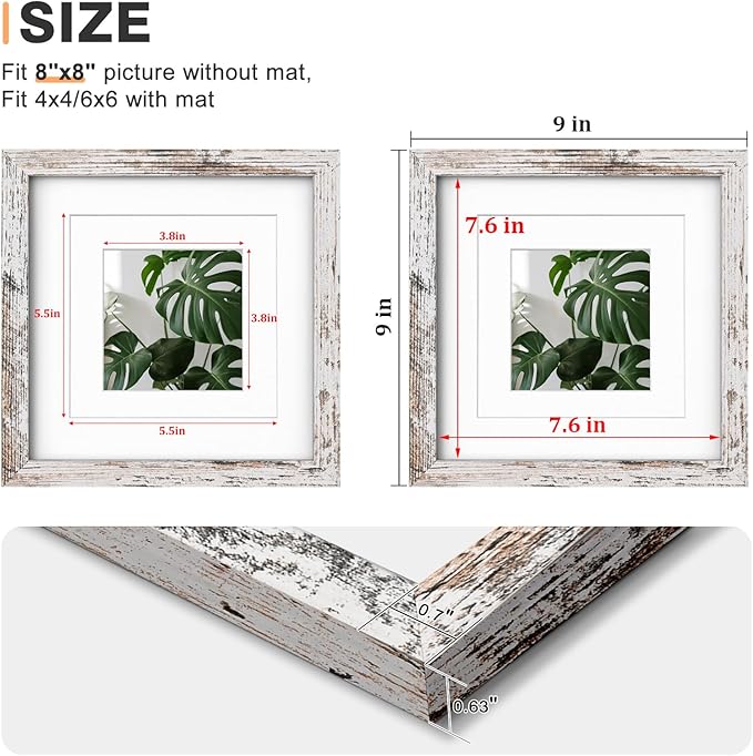 Egofine 8x8 Picture Frame Made of Solid Wood with Plexiglass Set of 4, Display Pictures 4x4/6x6 with Mat or 8x8 Without Mat for Tabletop and Wall Mounting, Rustic White