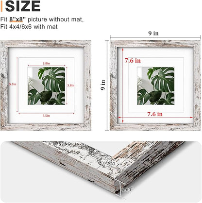 Egofine 8x8 Picture Frame Made of Solid Wood with Plexiglass Set of 4, Display Pictures 4x4/6x6 with Mat or 8x8 Without Mat for Tabletop and Wall Mounting, Rustic White