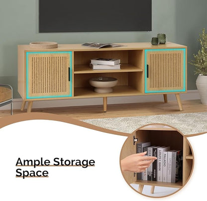 Modern TV Stand for 65 Inch TV, Entertainment Center with 2 Storage Cabinets and Adjustable Shelf, Solid Wood Feet, 4 Cord Holes, Groove Stripe Media TV Console Table for Living Room Bedroom (Natural)
