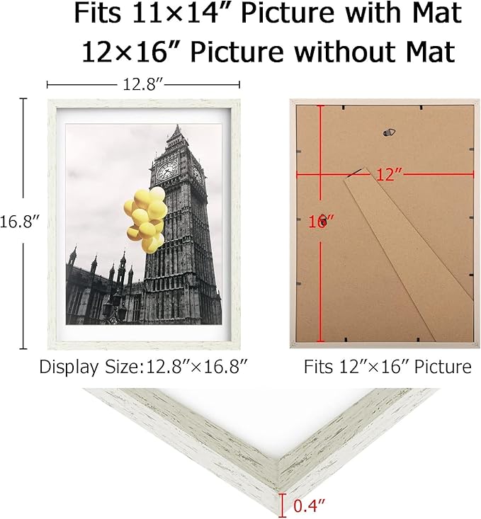 BSRHOMR 12x16 Picture Frame with Mat Distressed White, Country Rustic Style Photo Frame Set of 6 with Removable 11 x 14 Mat, Display Table Top or Wall Mount for Gallery