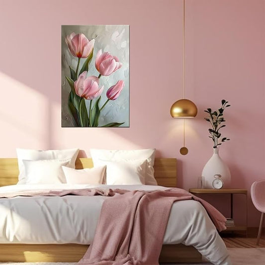 Pink Bathroom Decor Tulips Wall Art Flowers Pictures Modern Floral Paintings Canvas Prints Artwork for Living Room Bedroom Home Decoration Framed