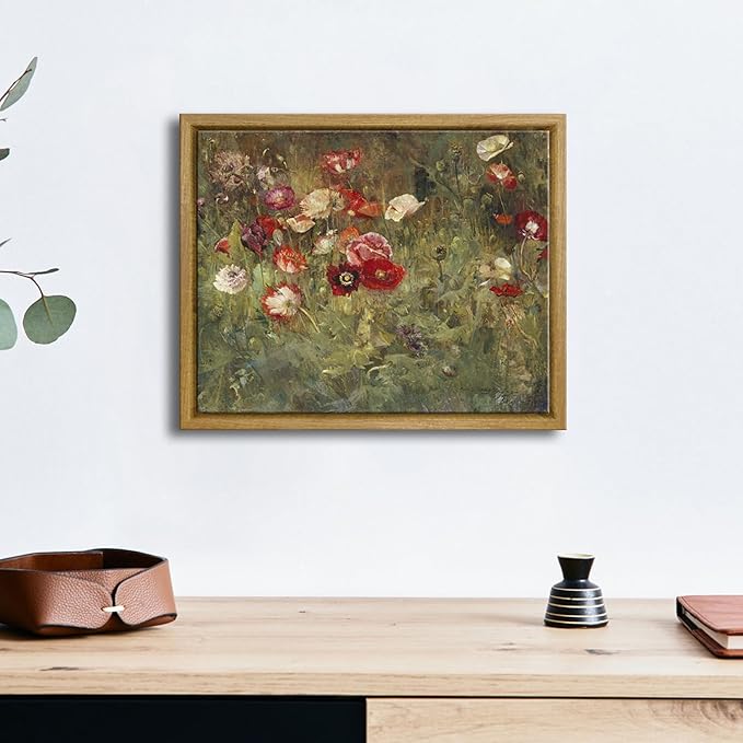 Pyradecor Vintage Wall Art A Bed of Poppies Canvas Prints Retro Framed Canvas Wall Art Classical Floral Paintings for Bedroom Kitchen Office Decorations