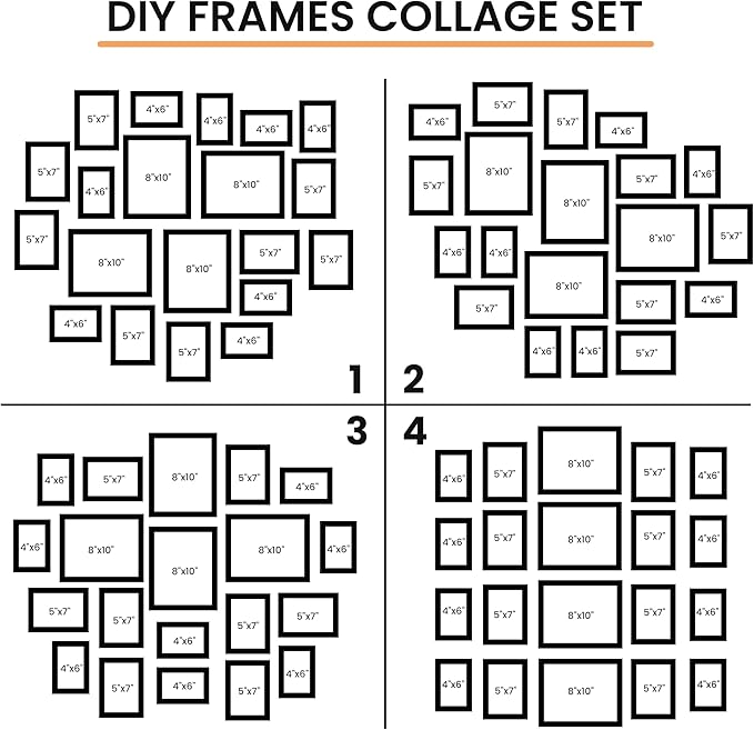 Venusmiles 20 Pack Picture Frames Collage Wall Decor, Gallery Frame Set for Wall Mounting or Tabletop Display, Multi Sizes Including 4pcs 8x10, 8pcs 5x7, 8pcs 4x6, Black+White+Gold