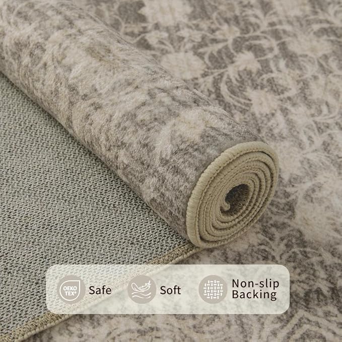 Rugxara Washable Area Rug for Living Room, Vintage Boho Rugs for Office, Dining Room, Kids Room, Farmhouse, Durable Low Pile Non Slip Carpet for High Traffic Areas, Apricot/Beige(4x6 ft)