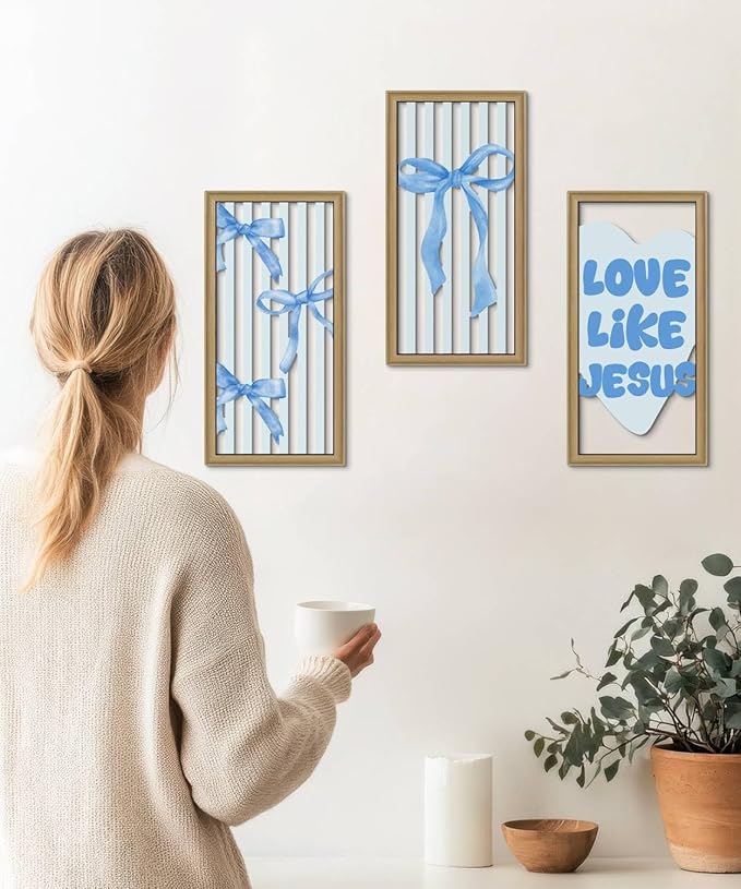 Putuo Decor Blue Bow Wall Decor, Light Blue Coquette Wall Decor Set of 3,Inspirational Bible Verses Decoration, Christian Wall Art for Living Room Bedroom Church Classroom