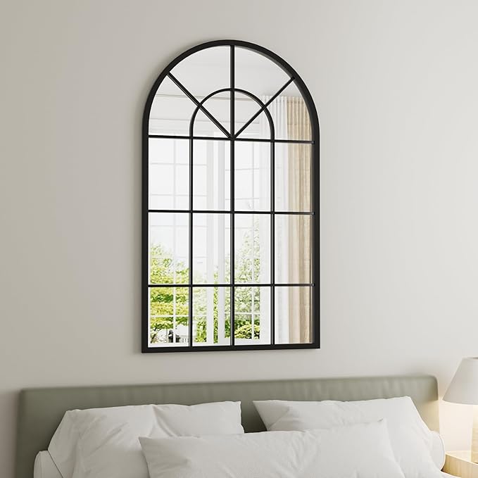 Dewfig Arch Wall Mirror Mounted Decorative, 24"x42", Arched Window Pane Mirror for Wall-Mounted for Entryway, Bathroom Vanity, Living Room or Bedroom, Iron Frame, Black